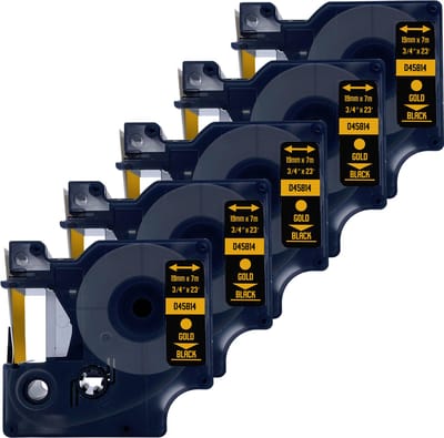 DULA Dymo D1 45814 Compatible label tape - 5 lettertapes - Goud op zwart - 19mm x 7m