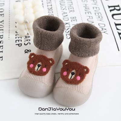 Fleece anti-slip babyschoentjes - Soksloffen - Eerste loopschoentjes van Baby-Slofje - Bruine beer maat 22/23