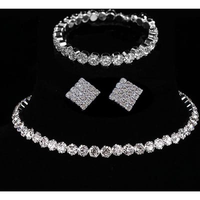 Stijlvolle Glanzende Diamant Nekketting Ketting Oorbellen Armband Set, Nachtclub Sieraden gray