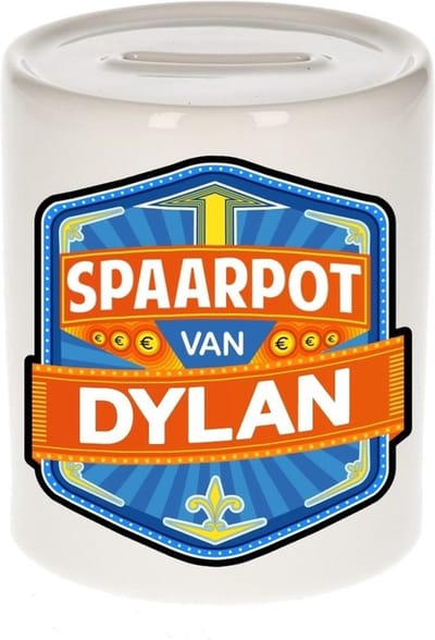 Bellatio Decorations Kinder spaarpot met naam - Dylan - keramiek - met dop - wit - Sparen - Spaargeld van Dylan