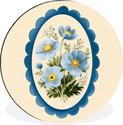 WallCircle - Wandcirkel - Muurcirkel - Lijst - Bloemen - Lichtblauw - Illustratie - Aluminium - Dibond - 30x30 cm - Binnen en Buiten