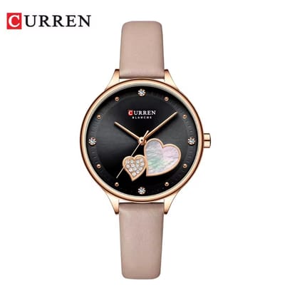CURREN Horloge Blanche H1202 - Rosékleurig-Beige-Zwart – Dames - Quartz - Hartvormige Details - Lederen Band - Elegant en Romantisch