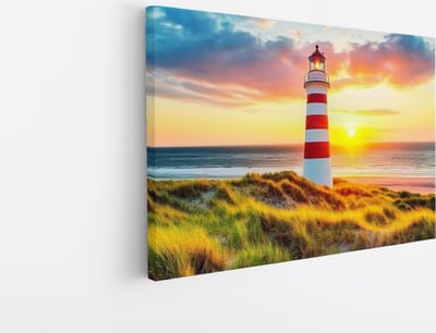 Saammp Canvas Schilderij - Vuurtoren bij zonsondergang - strand en zee - 45x30 - Foto op canvas - Wanddecoratie - muurdecoratie Woonkamer - Slaapkamer decoratie - Canvas Print