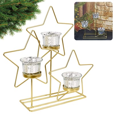 Gouden metalen waxinelichthouder, sterren 29cm
