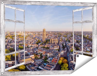 Gards Tuinposter Doorkijk Utrecht vanuit de Lucht - 90x60 cm - Tuindoek - Tuindecoratie - Wanddecoratie buiten - Tuinschilderij