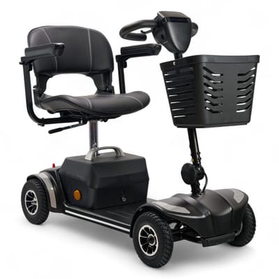 Scootmobiel Plaza Elite – Opvouwbare & Compacte 4-Wiel Scootmobiel met Luchtbanden, LED Verlichting & Mandje – Comfortabel, Lichtgewicht & Wendbaar – Demontabel in 5 Delen – 20Ah Loodzuur Accu-Bereik tot 20 km – Scootplaza Reis Scootmobiel