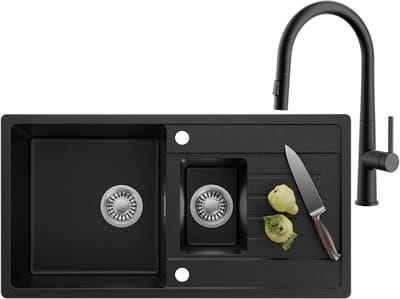 CECIPA MAX Granieten Keuken 86x45CM - Spoelbak Keuken 1.5 Met Keukenkraan met Uittrekbare Uitloop - Spoelbakken Keuken Met Primaire en Tweede Bak - Wasbak Keuken - Incl. Sifon en Afvoerzeefje - Zwart