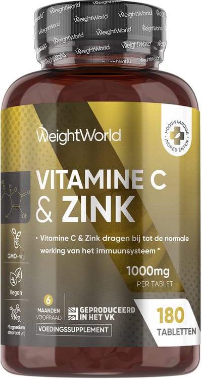 WeightWorld Vitamine C tabletten - 1000 mg Vitamine C per tablet - Verrijkt met Zink (als zink bisglycinaat) - 180 vegan tabletten voor 6 maanden