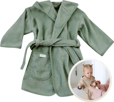 Funnies Badjas Stone Green 0-12 Maanden Baby Badjas, Badjas Kinderen, Peuterbadjas - 100% Katoenen Badstof - Zacht en Absorberend - Perfect na Zwemmen, Douchen of Badderen - Ideaal als Cadeau voor Baby’s en Kinderen