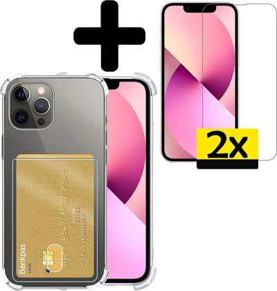 Hoesje - Geschikt voor Apple iPhone 14 Pro - Met 2x Screenprotector - Pashouder - Kaarthouder - Telefoon Hoes Shockproof - Siliconen Case - Back Cover - Shock Proof - Pasjes Houder - Telefoonhoesjes - Transparant