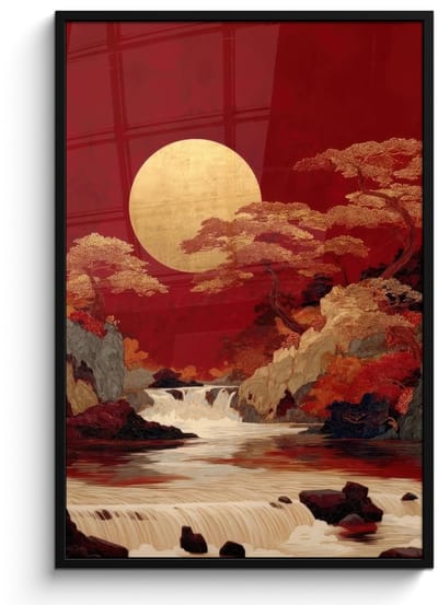 Poster in lijst - Fotolijst 80x120 cm - Posters - Volle maan - Landschap - Waterval - Posterlijst zwart - Decoratie - Wanddecoratie woonkamer - Muurdecoratie slaapkamer