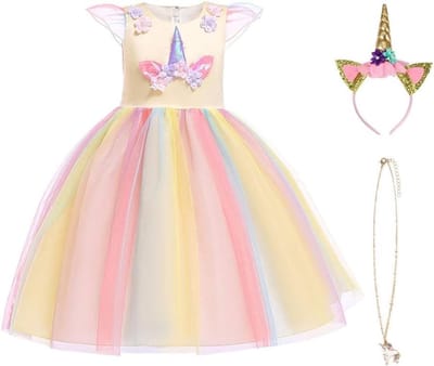 Unicorn Kostuum voor Kinderen, Prinsessenjurk met Sieraden en Hoofdband voor Verjaardagsfeest, Cosplay en Halloween, Leeftijd 2-10 Jaar