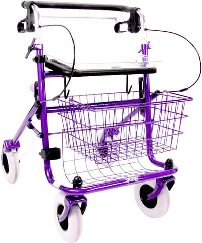 Rollator 43 cm zitbreedte - Premis Provo - Tot 120 kg - In hoogte verstelbaar - Duwstang met beugel-loop-rem onder - Incl mand, stokhouder en dienblad - Metallic Paars