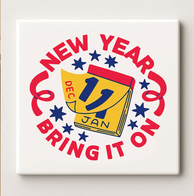 New Year Bring It On Art Tegel – 15x15cm Feestelijke Keramische Wanddecoratie, Nieuwjaar Viering Huisdecoratie