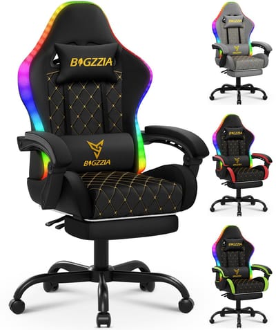 BIGZZIA Gaming stoel - Ergonomische stoel - 90-135° Verstelbare Rugleuning - 150kg Belastbaarheid - 360° Draaibaar - met hoofdkussen en lendenkussen - RGB-verlichting - voetensteun - zwart