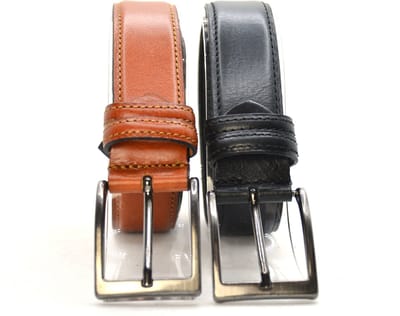 Set Heren Riem volnerf Leer Cognac & Zwart - 3.5 cm Breed - Broekriem - Nette Riem - Pantalon Riem - Maat: 95 / Totale lengte riem 110 cm - Echt Leer