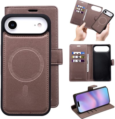 Casemania Hoesje Geschikt voor Apple iPhone 17 Air - Mocha Brown - 2 in 1 Bookcase met Velvet Finish - Geschikt voor MagSafe - Magnetisch Portemonnee Telefoonhoesje met Pasjeshouder en Afneembare Cover - Kunstleer Wallet Case - Bruin