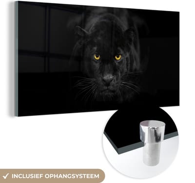 MuchoWow® Glasschilderij 40x20 cm - Schilderij acrylglas - Luipaard - Ogen - Zwart - Foto op glas - Schilderijen