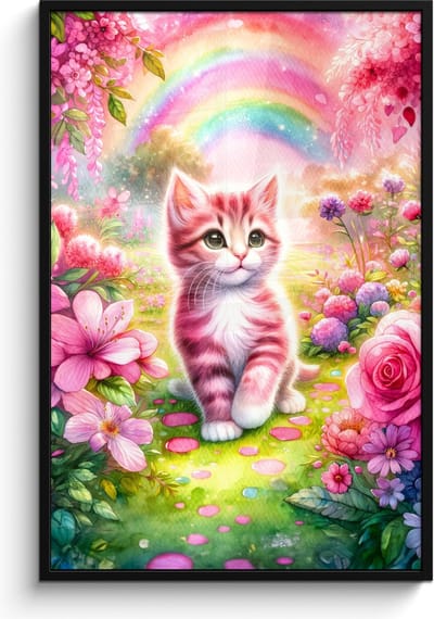 Poster in lijst - Fotolijst 80x120 cm - Posters - Kitten - Roze - Kat - Regenboog - Bloemen - Posterlijst zwart - Kamer decoratie - Wanddecoratie kinderkamer - Muurdecoratie babykamer