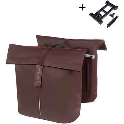 Basil City Dubbele Fietstas 28-32L Roasted Brown Waterafstotend Met MIK Adapterplaat Reflecterend Voor E-bike & Stadsfiets
