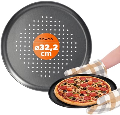 KADAX Pizzavorm, pizzapan met gaten, bakplaat van verzinkt plaatstaal, pizzaplaat in twee varianten, knapperplaat met antiaanbaklaag, pizza-bakplaat (diameter 32 cm, zwart)