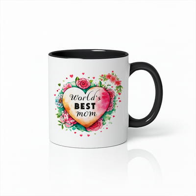 World's Best Mom Koffiemok - Moederdag Cadeau - Bloemen Hart - 330ml - Zwart-wit Oor