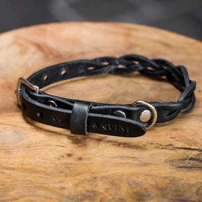 Cooper & Quint Twisted - Halsband hond gevlochten leer- Zwart - Zilver - XS