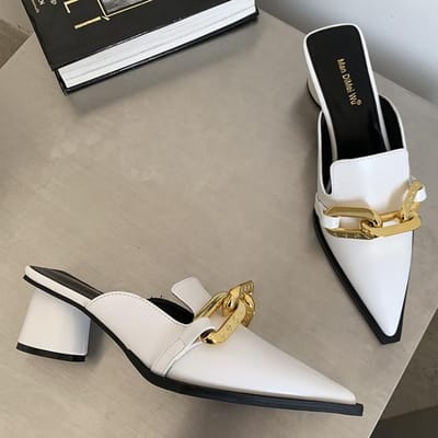 Zomer Dames Puntige Teen Slippers Wit 5cm Blok Hoge Hakken Instap Muiltjes Luxe Merk Dames Slides Sandalen Feestschoenen 5