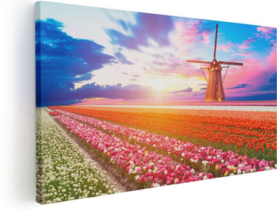 Artaza Canvas Schilderij Tulpenveld - 40x20 cm - Klein - Wanddecoratie Molen - Muurdecoratie Bloemen - Schilderijen Op Canvas Nederland