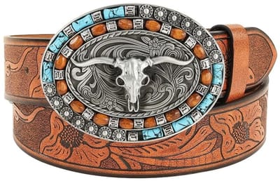 Dailygoods- Leren Riem 125 cm - Westerse Riem met Gesp - Bloemenpatronen in Reliëf - Duurzaam Leer - Geschikt voor Diverse Gelegenheden - Cowboyriem