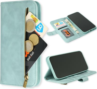 Casemania Hoesje Geschikt voor Apple iPhone 14 - Aqua Blue - Luxe Kunstlederen Portemonnee Book Case met Rits