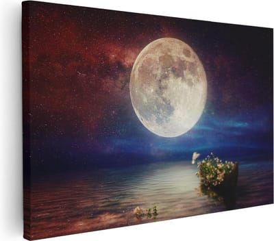 Artaza Canvas Schilderij Boot Met Bloemen - 30x20 cm - Klein - Wanddecoratie Zee - Muurdecoratie Maan - Schilderijen Op Canvas Sterrenhemel