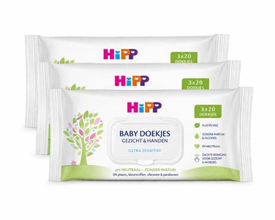 Hipp® | 3 x 20 Baby doekjes | gezicht en handen | plastic en parfum vrij | reiniging doekjes