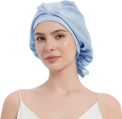 Livano Zijden Slaapmuts - Satijnen Nachtmuts - Silk Bonnet - Sleep Cap - Haarverzorging - Satin - Verstelbaar - Voor Zacht & Stralend Haar - Licht Blauw