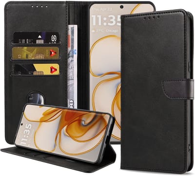 Geschikt voor Motorola Edge 50 Telefoonhoesje Kunstleer met Magnetische sluiting en Pasjeshouder Bookcase met Klepje - Walletcase with Cardslot - Zwart - Smartphonica geschikt voor Motorola Edge 50