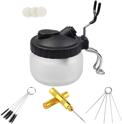 Dailygoods- Reinigingsset Complete Airbrush - Fles met Houder - 5 Reinigingsborstels - 5 Reinigingsnaalden - Reinigingsschraper - Transparante Fles - Airbrushreinigingsset