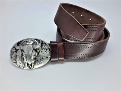 Ossenkop big Buckle aan Lederen bruine riem, gestikt motief, 115cm