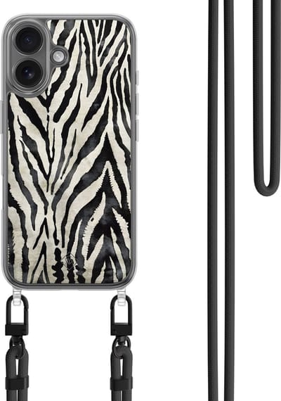 Casimoda® hoesje met koord - Geschikt voor iPhone 16 - Zebra Safari - Afneembaar koord - TPU/polycarbonaat - Zwart