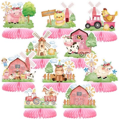 10 Stuks Roze Boerderij Dieren Versieringen voor Verjaardagsfeestjes, Babyshowers en Feestdecoratie