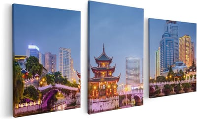 Artaza Canvas Schilderij Drieluik Rivier bij Stad Guiyang in China - 120x60 - Foto Op Canvas - Canvas Print