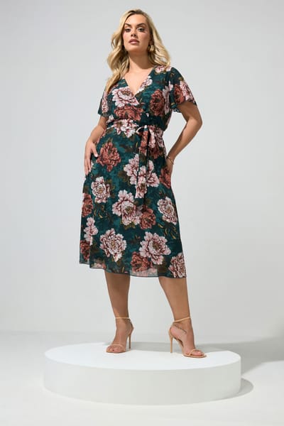Yours London Groene En Roze Wikkeljurk Met Bloemenprint Size 42