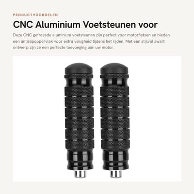 Dailygoods- Voetsteunen CNC gefreesd aluminium - Achtervoetsteunen - Antislip - Universeel - 2 stuks - M8 schroefmaat - Zwart - Motorvoetsteunen