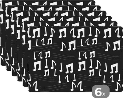 Placemat - Placemats kunststof - Muziek - Zwart Wit - Patroon - 45x30 cm - 6 stuks - Hittebestendig - Anti-Slip - Onderlegger - Afneembaar