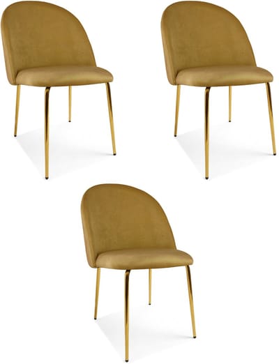 Set van 3 eetkamerstoelen INCA - Okergeel fluweel - Gouden metalen poten - Modern design