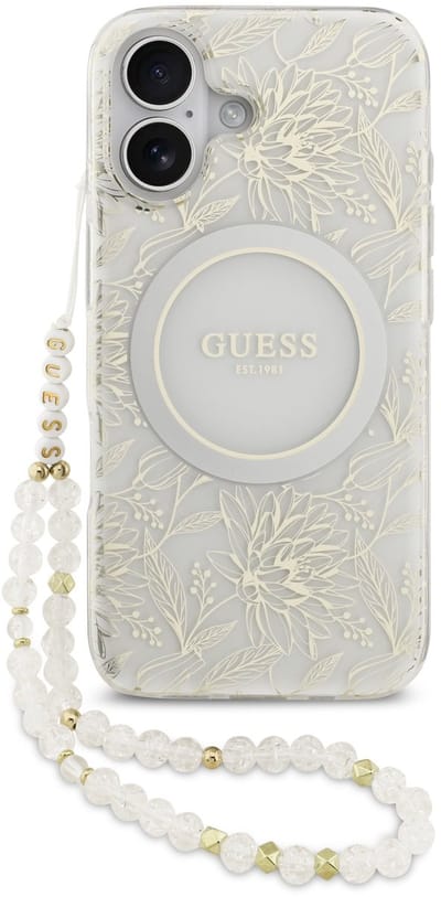 Guess IML Flowers Allover geschikt voor iPhone 17 hoesje - MagSafe compatibel en Koord - Wit