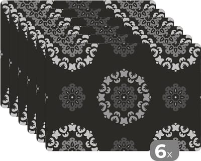 Placemat - Placemats kunststof - Mandala - Patronen - Zwart Wit - 45x30 cm - 6 stuks - Hittebestendig - Anti-Slip - Onderlegger - Afneembaar