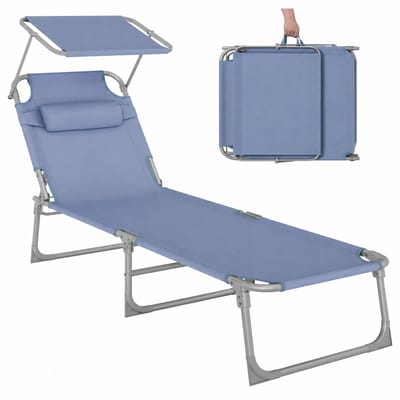 ACAZA Ligbed Tuin - Ligstoel Tuin - Zonnebed - Stretcher - Ligzetel Buiten - Ligbed Opvouwbaar - Strandbed - Lounge Bed - Tot 150 kg - Inclusief Kussen, Zonnescherm en 4 Standen - Draagbaar - Blauw