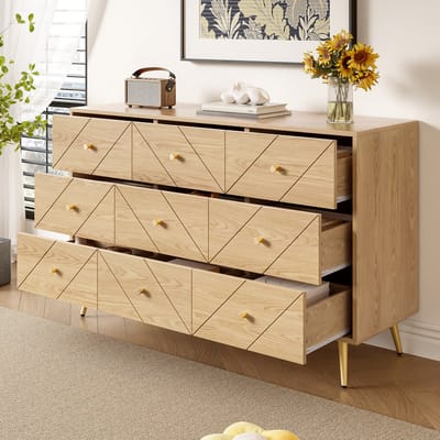 Moderne 9-lade kast - gemaakt van stevige PB-structuur - voorzien van elegante geometrische patronen en praktische handgrepen