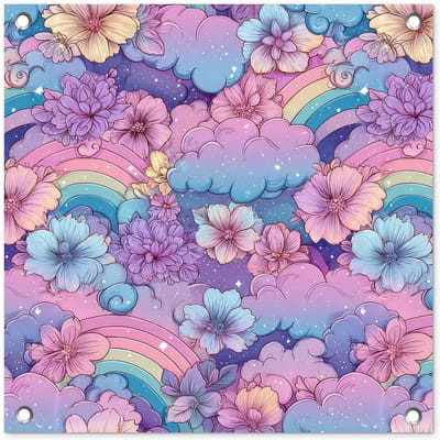 Tuinposter 50x50 cm - Tuindecoratie Regenbogen - Bloemen - Kleurrijk - Wolken - Poster voor in de tuin - Buiten decoratie - Schutting tuinschilderij - Tuindoek muurdecoratie - Wanddecoratie balkondoek
