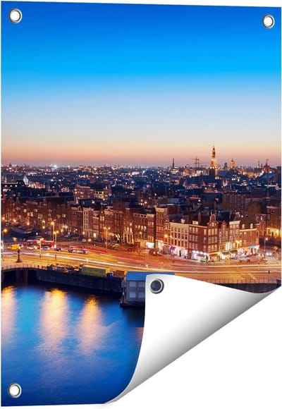 Gards Tuinposter Amsterdam Centrum in de Nacht - 40x50 cm - Tuindoek - Tuindecoratie - Wanddecoratie buiten - Tuinschilderij